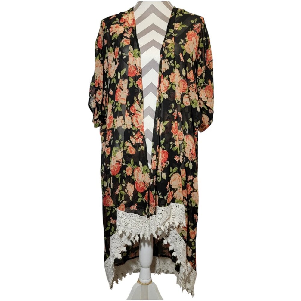 Floral Kimono Black White Pink Tropical One Size Boho Romance Coastal Cowgirl